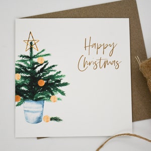 Bulk square Christmas cards and envelopes. 12.5 x 12.5cm. Handwritten font. Rustic. Corporate cards. Christmas pine tree. Gold & green.