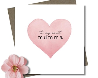 Mother's Day Grandmother's day card & envelope. 12.5cm square card. Pink heart card. Mumma.