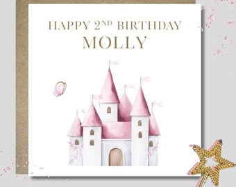 Personalised pink fairy castle birthday card & envelope. 12.5cm sq. card. Customised girl card. First birthday. Girl. Butterfly