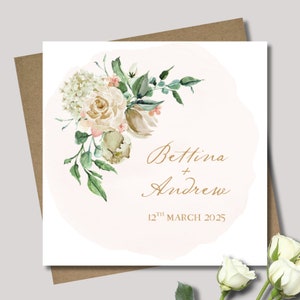 Personalised wedding card & envelope. 12.5cm square card. Customised Bride and Groom vintage pink gold floral. Couple's name date.