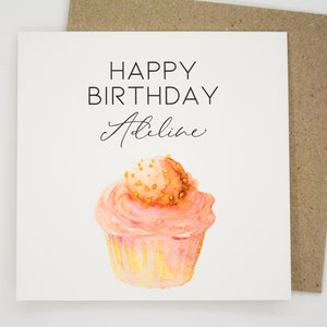 Personalised birthday card & envelope. 12.5 x 12.5cm square card. Customised cupcake card. Birthday cake name card. Pink card.