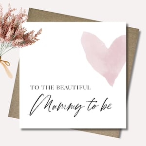 Mummy to be card & envelope. Baby shower. Pink watercolour heart card. Pink blue, beige. Script font. 12.5cm square card.