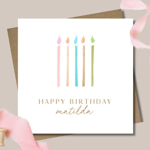 Personalised candles birthday card & envelope. 12.5cm card. Customised. Happy Birthday. Pastel candles. Pink. Blue. Green.