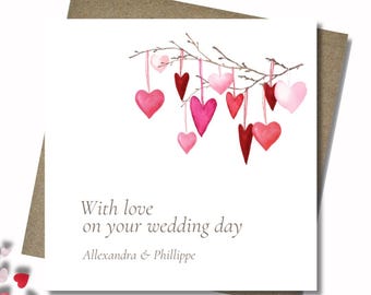 Personalised wedding card & envelope. 12.5cm square card. Customised Bride and Groom red and pink rustic hearts. Couple's name. Heart tree.
