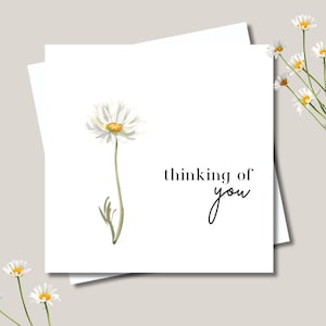 Thinking of you card & envelope. 12.5cm square card. White daisy sympathy card. Condolence. Grief. Mourning. Loss.