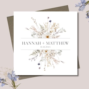 Personalised wedding card & envelope. 12.5cm square card. Customised. Bride and Groom. Simple dried flower bunch branch. Rustic natural.