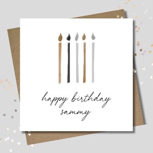 Personalised candles birthday card & envelope. 12.5cm card. Customised. Happy Birthday. Gold neutral candles.