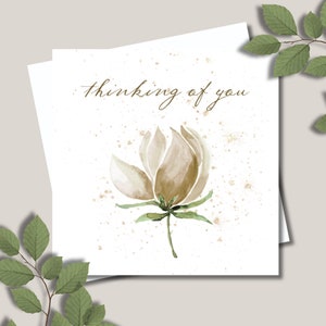 Thinking of you card & envelope. 12.5cm square card. White flower sympathy card. Condolence. With sympathy. Sending love. Word options.