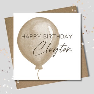 Personalised birthday card & envelope. 12.5cm square card. Customised gold balloon card. Handwritten font. Male Female card