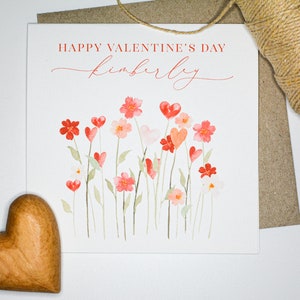 Personalised Valentine's card & envelope. 12.5cm square card. Customised flower garden love card. Watercolour hearts.
