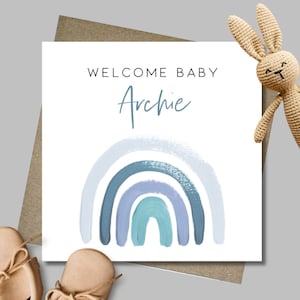 Personalised new baby boy rainbow card & envelope. 12.5 x 12.5cm square card. Customised. Welcome baby card. Modern handwritten font.