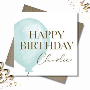 Personalised birthday card & envelope. 12.5 x 12.5cm square card. Customised blue and gold balloon card.