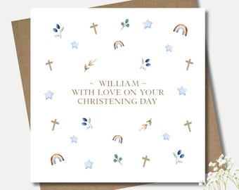 Personalised Boy Baptism card & envelope. 12.5 square card. Customised Christening card. Gold cross. Blue heart.First communion.