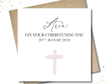 Personalised Boy/Girl Baptism card & envelope. 12.5 x 12.5cm square card. Customised Christening card. Blue, pink or natural cross.