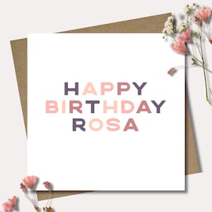 Personalised Birthday card & envelope. 12.5 x 12.5cm square card. Customised Pink purple mauve salmon coral card.