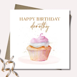 Personalised birthday card & envelope. 12.5cm square card. Customised cupcake card. Birthday cake name card. Pink card. Girl card.