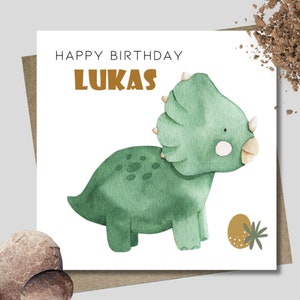 Personalised green dinosaur birthday card & envelope. 12.5cm sq. card. Customised. All age birthday. First birthday. Boy.