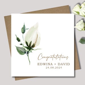 Personalised wedding card & envelope. 12.5cm sq. card. Customised. Bride and Groom. Date. White roses. Congratulations.