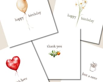 5 card pack. Stand-by greeting card pack with envelopes.  Happy birthday x 2. Thank you. With love. Just a note. Gift card pack.