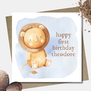 Personalised blue giraffe birthday card & envelope. 12.5cm sq. card. Customised boy card. First birthday. Any age. Toddler.