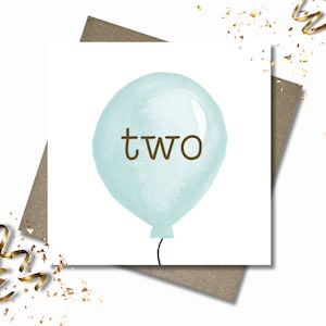 Personalised children's age and name blue balloon birthday card & envelope. 12.5cm square card. Customised number card. Boy. Girl. Blue.
