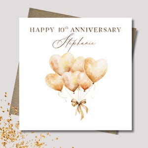 Personalised Anniversary card & envelope. 12.5cm square card. Customised love card. Gold heart balloon.