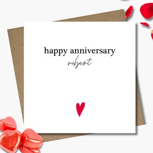 Personalised Anniversary card & envelope. 12.5 x 12.5cm square card. Customised love heart card. Red heart. Modern handwritten font.