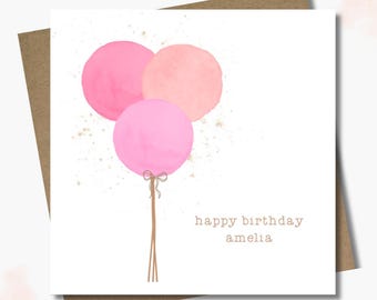 Personalised birthday card & envelope. 12.5cm sq. card. Customised pink gelati balloon card. All age birthday. First birthday. Child. Girl.