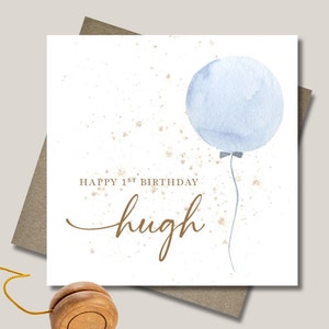 Personalised birthday card & envelope. 12.5cm sq. card. Customised blue balloon card. All age birthday. First birthday. Child.