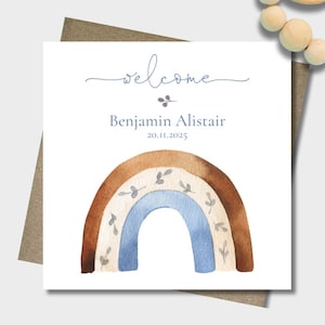 Personalised new baby rainbow card & envelope. 12.5cm square card. Customised blue welcome card. Boy baby card. Birth card. Rustic.