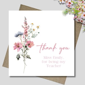 Teacher Thank you card & envelope. 12.5cm square card. Teacher. Coach. Mentor. Grade teacher. Simple card. Wildflowers. Tutor.