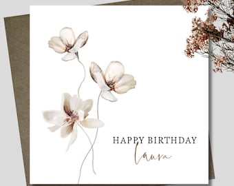 Personalised gift card and envelope. 12.5cm square. Customised wildflower name birthday card. Dried flower card. Floral.
