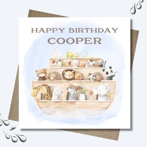 Personalised Noah's Ark birthday card & envelope. 12.5cm sq. card. Customised girl boy card. Animals. Kids. First birthday. Age birthday.