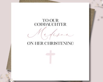 Personalised Girl Baptism Christening card & envelope. 12.5cm square card. Customised Christening card. Pink cross.  Goddaughter.