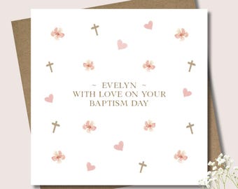 Personalised Girl Baptism card & envelope. 12.5 square card. Customised Christening card. Pink heart.Flower.Gold cross.First communion.