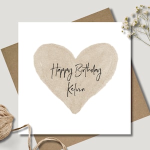 Personalised square birthday card. 12.5cm. Customised gift card. Heart card.  Beige. Stone card. Watercolour.