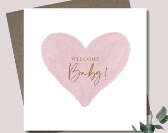 Baby girl card & envelope. 12.5 x 12.5cm square card. New baby. Welcome card. Pink heart. Modern font. Pink and gold