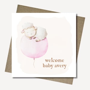 Personalised new baby card & envelope. Pink watercolour lamb. Baby girl. Welcome customised birth card. 12.5cm square card.
