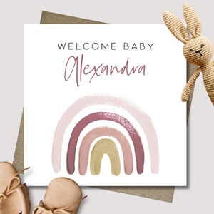 Personalised new baby rainbow card & envelope. 12.5 x 12.5cm square card. Customised pink welcome card. Girl baby card.