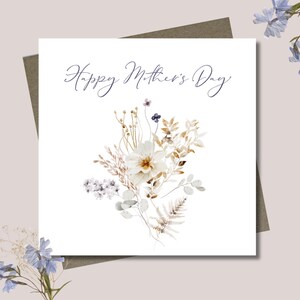 Mother's Day card & envelope. 12.5cm square card. Floral card. Dried flower bunch. Modern handwritten font.