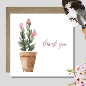 Thank you card & envelope. 12.5cm square card. Plant. Rustic. Pink floral. Terracotta. Flower.