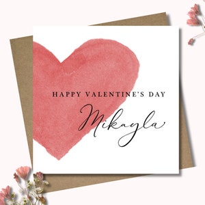 Personalised Valentine's card & envelope. 12.5cm square card. Customised love card. Watercolour red heart card. Modern handwritten font.