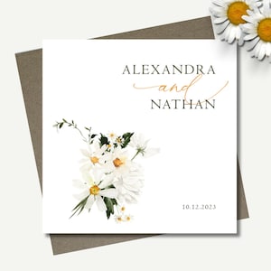 Personalised wedding card & envelope. 12.5cm square card. Customised. Bride and Groom. Date. Daisy floral bunch. Rustic.