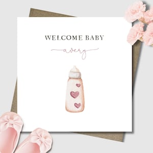 Personalised new baby card & envelope. Pink watercolour baby bottle. Baby girl. Welcome customised birth card. 12.5cm square card.