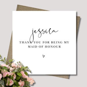 Personalised Thank you for being. Bridal party card. 12.5cm sq. card. Bridesmaid Groomsman. Wedding. Maid of honour. Handwritten font