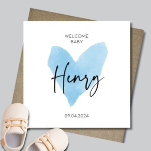 Personalised new baby card & envelope. 12.5 x 12.5cm square card. Customised. Heart card. Welcome card. Boy baby card. Blue. Modern font.