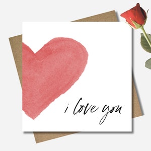Red heart Love / Anniversary / Wedding.  Bride. Groom card & envelope. 12.5cm square card. Watercolour. Modern handwritten font.