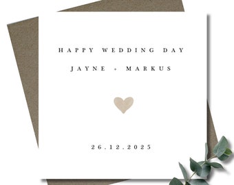 Personalised wedding card & envelope. 12.5cm square card. Customised wedding couple card. Minimalist. Simple. Beige heart.