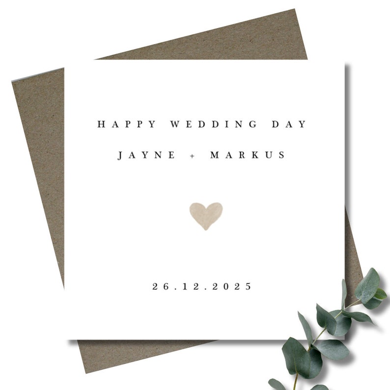 Personalised wedding card & envelope. 12.5cm square card. Customised wedding couple card. Minimalist. Simple. Beige heart. image 1
