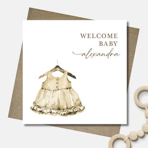 Personalised new baby girl watercolour rustic card & envelope. 12.5cm square card. Customised. Welcome baby. Nursery clothing. Boho dress